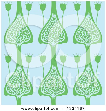 Clipart of a Seamless Background Pattern of Green Flowers on Blue - Royalty Free Vector Illustration by Cherie Reve