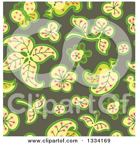 Clipart of a Seamless Background Pattern of Retro Leaves and Flowers over Green - Royalty Free Vector Illustration by Cherie Reve