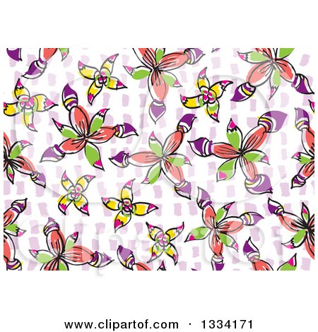 Clipart of a Seamless Background Pattern of Doodled Flowers over Purple on White - Royalty Free Vector Illustration by Cherie Reve
