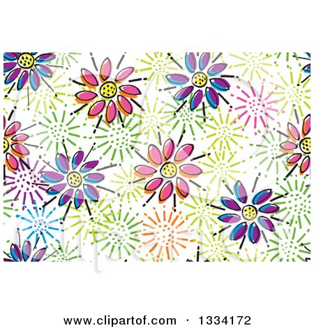 Clipart of a Seamless Background Pattern of Colorful Doodled Flowers - Royalty Free Vector Illustration by Cherie Reve