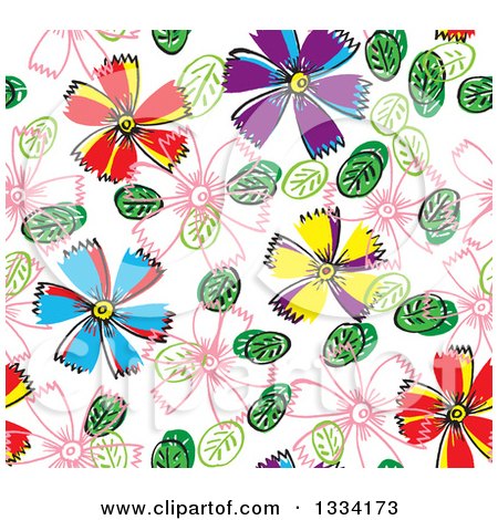 Clipart of a Seamless Background Pattern of Doodled Flowers and Leaves 2 - Royalty Free Vector Illustration by Cherie Reve