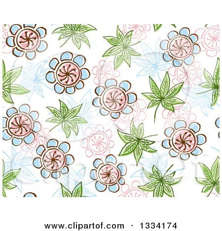 Clipart of a Seamless Background Pattern of Doodled Flowers and Leaves 3 - Royalty Free Vector Illustration by Cherie Reve