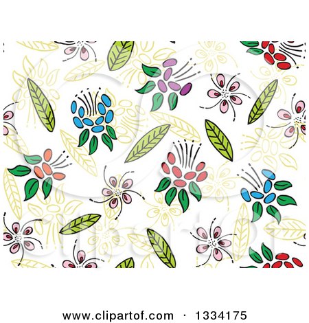 Clipart of a Seamless Background Pattern of Doodled Flowers and Leaves 4 - Royalty Free Vector Illustration by Cherie Reve