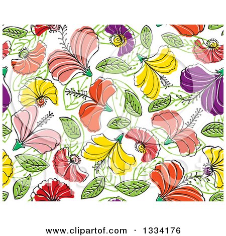 Clipart of a Seamless Background Pattern of Doodled Flowers and Leaves - Royalty Free Vector Illustration by Cherie Reve