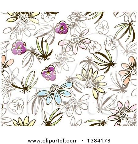 Clipart of a Seamless Background Pattern of Doodled Flowers on White - Royalty Free Vector Illustration by Cherie Reve