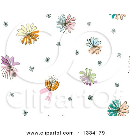 Clipart of a Seamless Background Pattern of Doodled Flowers over White - Royalty Free Vector Illustration by Cherie Reve
