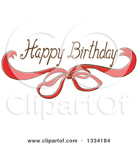Clipart of a Happy Birthday Greeting over a Sketched Red Bow - Royalty Free Vector Illustration by Cherie Reve