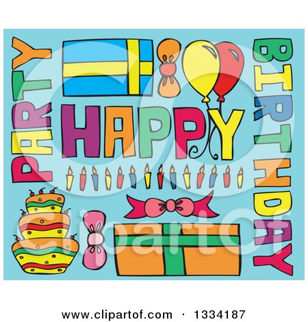 Clipart of Cartoon Happy Birthday Greeting Text, Candles, Gifts, Balloons and Cake on Blue - Royalty Free Vector Illustration by Cherie Reve