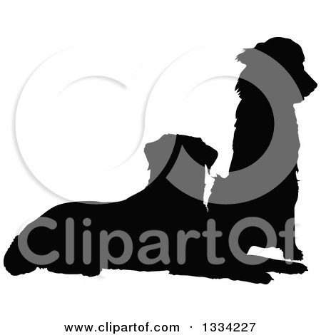 Clipart of Two Black Silhouetted Dogs, a Golden Retriever and Labrador, Sitting and Resting - Royalty Free Vector Illustration by Maria Bell