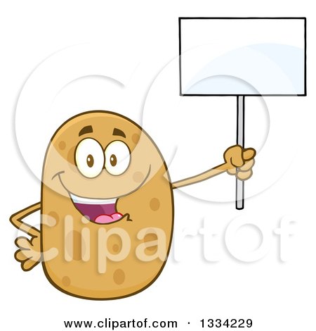 Clipart of a Cartoon Russet Potato Character Holding up a Blank Sign - Royalty Free Vector Illustration by Hit Toon