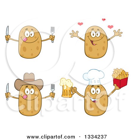 Clipart of Cartoon Chef, Cowboy and Plain Russet Potato Characters with Silverware, Hearts, Beer and French Fries - Royalty Free Vector Illustration by Hit Toon