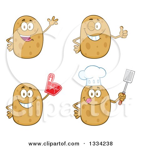 Clipart of Cartoon Chef and Plain Russet Potato Characters Waving, Giving a Thumb Up, Wearing a Foam Finger and Holding a Spatula - Royalty Free Vector Illustration by Hit Toon