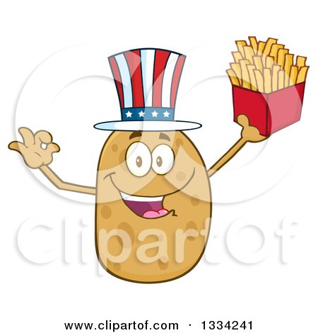 Clipart of a Cartoon American Russet Potato Character Wearing a Hat, Gesturing Ok and Holding up French Fries - Royalty Free Vector Illustration by Hit Toon