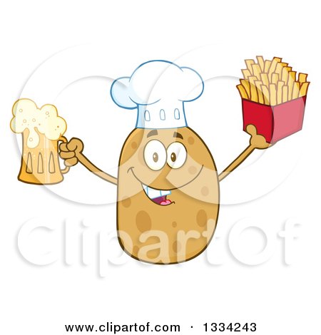 Clipart of a Cartoon Chef Russet Potato Character Holding up a Beer and French Fries - Royalty Free Vector Illustration by Hit Toon