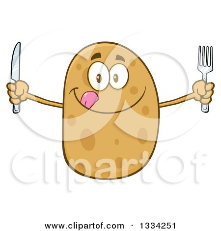 Clipart of a Cartoon Russet Potato Character Licking His Lips and Holding Silverware - Royalty Free Vector Illustration by Hit Toon