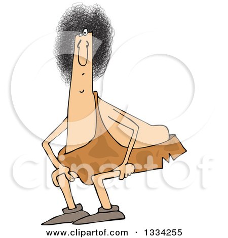 Clipart of a Cartoon Crouching Chubby Caveman with an Afro - Royalty Free Vector Illustration by djart