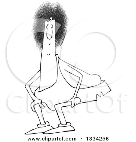 Lineart Clipart of a Cartoon Black and White Crouching Chubby Caveman with an Afro - Royalty Free Outline Vector Illustration by djart