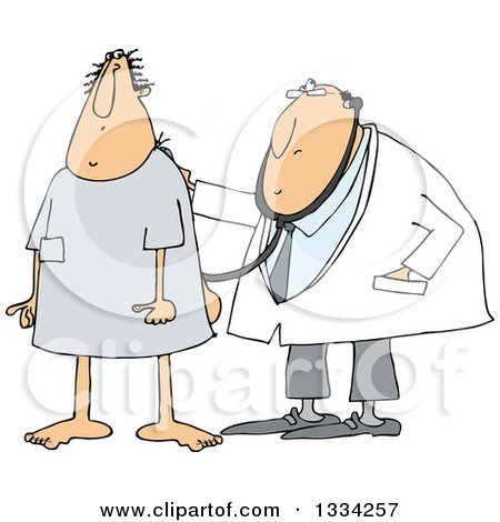 Clipart of a Cartoon White Male Medical Patient in an Open Back Hospital Gown, Getting a Checkup by a Doctor - Royalty Free Vector Illustration by djart