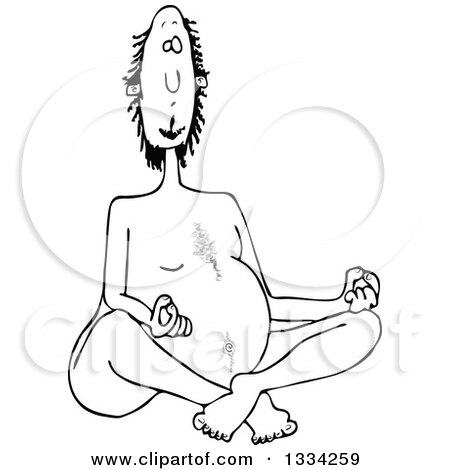 Lineart Clipart Of A Cartoon Black And White Nude Man Meditating