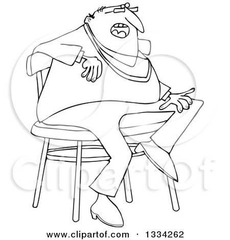 Lineart Clipart of a Cartoon Black and White Casual Chubby Man Sitting on a Stool - Royalty Free Outline Vector Illustration by djart