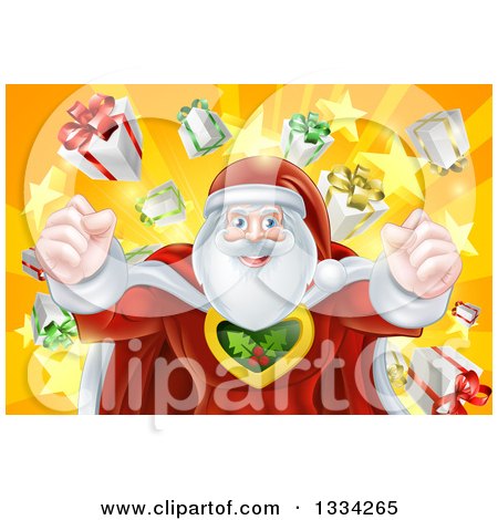Clipart of a Super Hero Santa Claus Flexing His Muscles in a Christmas Suit over a Star Burst with Gifts - Royalty Free Vector Illustration by AtStockIllustration