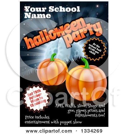 Clipart of a Childrens School Halloween Party Poster Design with Sample Text, a Full Moon, Grass and Pumpkins - Royalty Free Vector Illustration by AtStockIllustration
