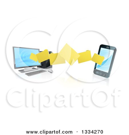 Clipart of a 3d Folder File Transfer from a Desktop Computer to a Smart Cell Phone, with Reflections - Royalty Free Vector Illustration by AtStockIllustration