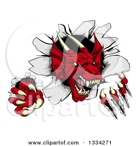 Clipart of a Fierce Red Dragon Mascot Slashing Through a Wall - Royalty Free Vector Illustration by AtStockIllustration