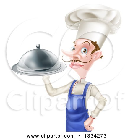 Clipart of a Snooty White Male Chef with a Curling Mustache Holding a Cloche Platter, Facing Left - Royalty Free Vector Illustration by AtStockIllustration