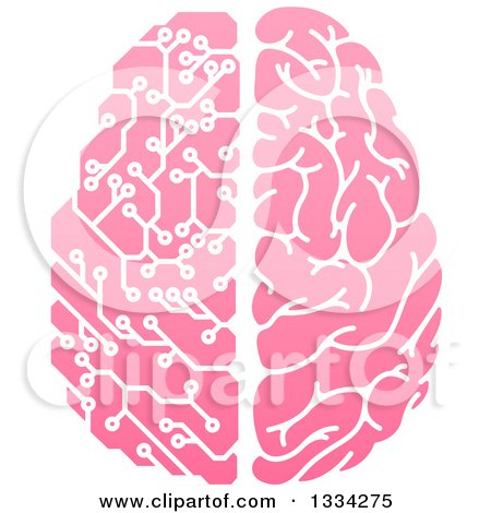 Clipart of a Pink Half Human, Half Artificial Intelligence Circuit Board Brain - Royalty Free Vector Illustration by AtStockIllustration