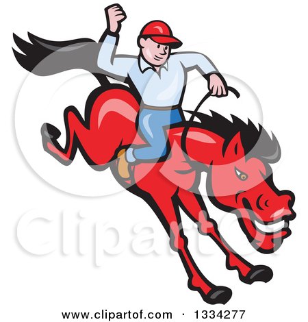 Clipart of a Cartoon Caucasian Rodeo Cowboy on a Red Bucking Horse - Royalty Free Vector Illustration by patrimonio