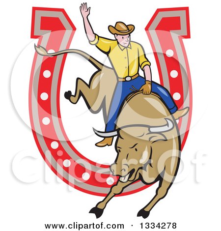 Clipart of a Cartoon Caucasian Rodeo Cowboy on a Bucking Steer Bull over a Horseshoe - Royalty Free Vector Illustration by patrimonio