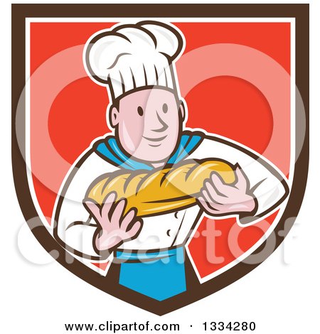 Clipart of a Cartoon Caucasian Male Chef Baker Holding a Loaf of Bread in a Brown White and Red Crest - Royalty Free Vector Illustration by patrimonio