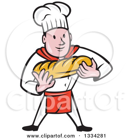 Clipart of a Cartoon Caucasian Male Chef Baker Holding a Loaf of Bread - Royalty Free Vector Illustration by patrimonio