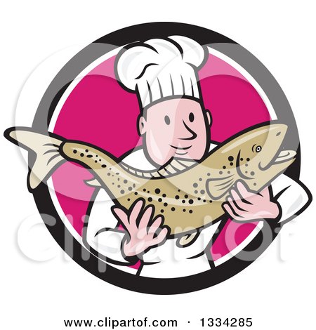 Clipart of a Cartoon Caucasian Male Chef Holding a Fresh Trout Fish in a Black White and Pink Circle - Royalty Free Vector Illustration by patrimonio