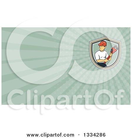 Clipart of a Cartoon White Male Plumber Holding a Monkey Wrench and Looking to the Side and Pastel Green Rays Background or Business Card Design - Royalty Free Illustration by patrimonio