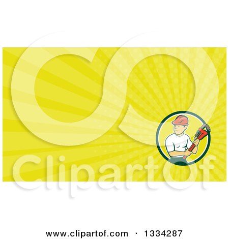 Clipart of a Cartoon White Male Plumber Holding a Monkey Wrench and Looking to the Side and Yellow Rays Background or Business Card Design - Royalty Free Illustration by patrimonio