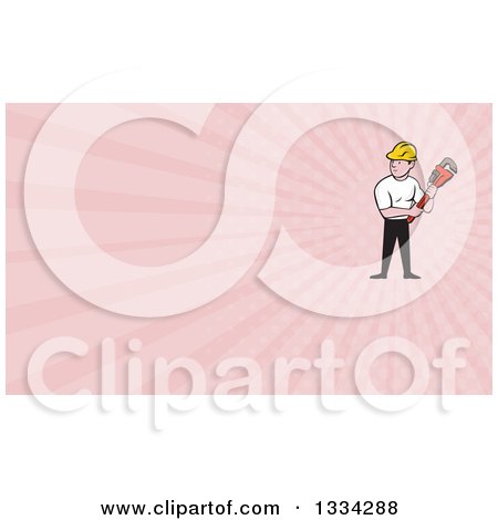 Clipart of a Cartoon White Male Plumber Holding a Monkey Wrench and Looking to the Side and Pink Rays Background or Business Card Design - Royalty Free Illustration by patrimonio