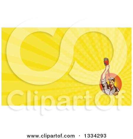 Clipart of a Retro Male Plumber Holding up a Monkey Wrench and Yellow Rays Background or Business Card Design - Royalty Free Illustration by patrimonio