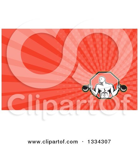 Clipart of a Retro Male Bodybuilder Working out with Kettlebells and Red Rays Background or Business Card Design - Royalty Free Illustration by patrimonio
