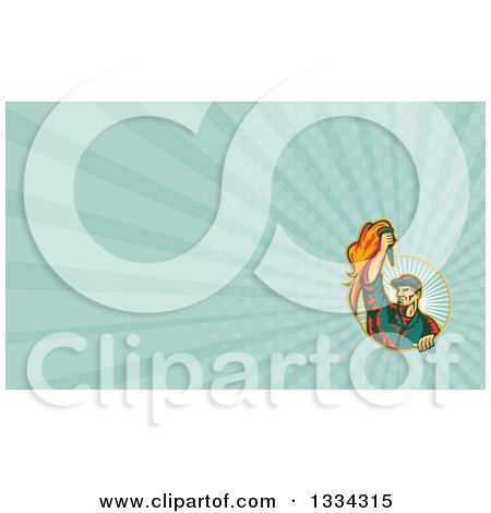 Clipart of a Retro Revolution Male Worker Holding up a Torch and Emerging from a Circle and Turquoise Rays Background or Business Card Design - Royalty Free Illustration by patrimonio