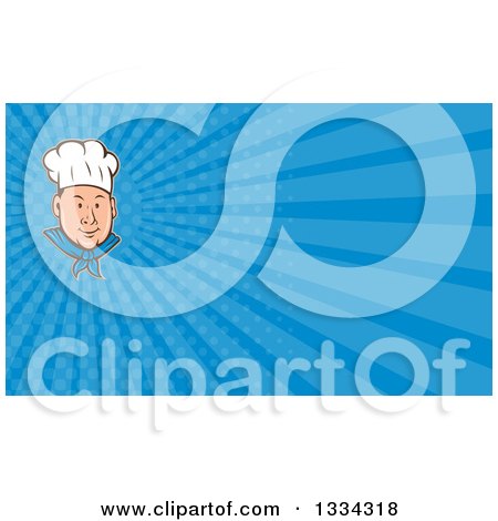 Clipart of a Retro Cartoon White Male Chef Face in a Toque and Blue Rays Background or Business Card Design - Royalty Free Illustration by patrimonio