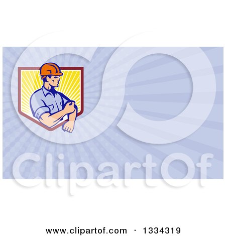Clipart of a Retro Contractor Rolling up His Sleeves and Pastel Purple Rays Background or Business Card Design - Royalty Free Illustration by patrimonio