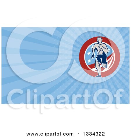 Clipart of a Retro Crossfit Athlete Man Running over an American Circle and Blue Rays Background or Business Card Design - Royalty Free Illustration by patrimonio