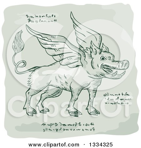 Clipart of a Retro Sketched Winged Wild Boar with Manuscript Cypher Text Code - Royalty Free Vector Illustration by patrimonio
