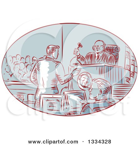 Clipart of a Retro Sketched Courtroom Scene with a Judge, Defendant, Prosecuter, Jury and Attorney - Royalty Free Vector Illustration by patrimonio
