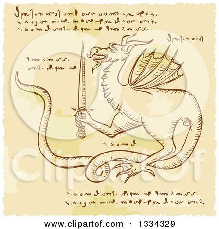 Clipart of a Sketched Dragon Holding a Sword with Cypher Text Code - Royalty Free Vector Illustration by patrimonio
