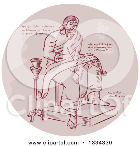 Clipart of a Retro Sketched Evangelist, Prophet or Saint Writing on a Paper Scroll with Manuscript Cypher Text Code in a Circle - Royalty Free Vector Illustration by patrimonio