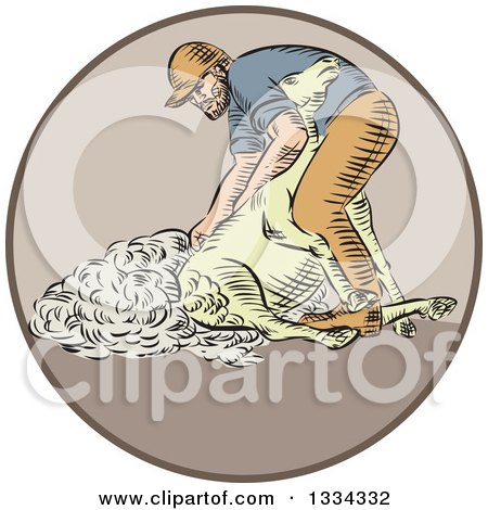 Clipart of a Retro Sketched Farmer Shearing a Sheep in a Circle - Royalty Free Vector Illustration by patrimonio