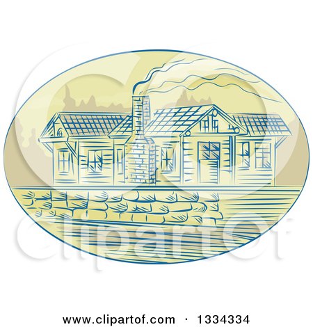 Clipart of a Retro Sketched Log Cabin with Smoke Rising from the Chimney, in an Oval - Royalty Free Vector Illustration by patrimonio